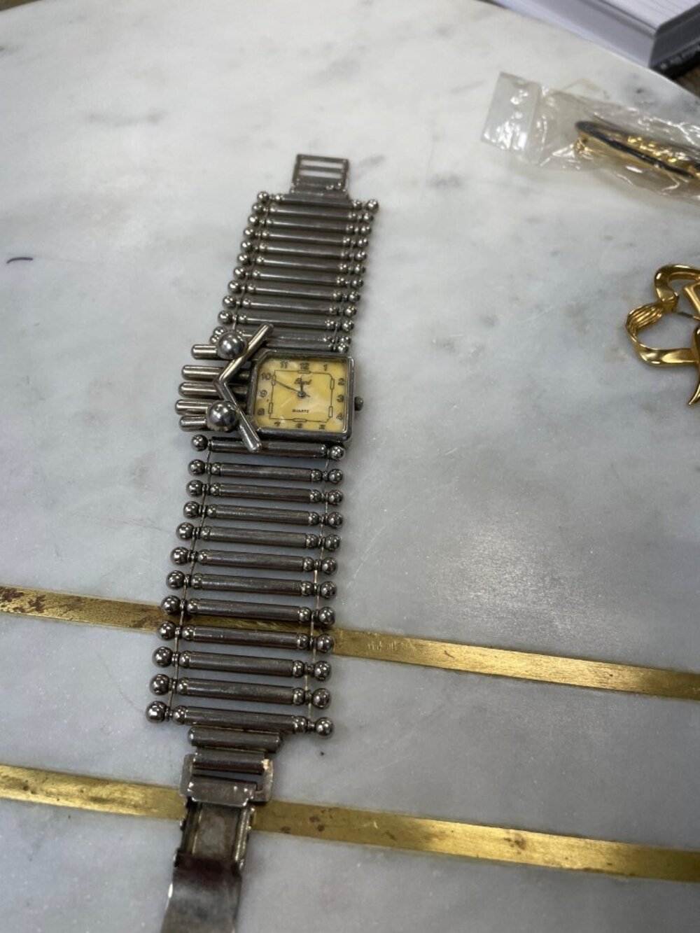 Pearl Intern VTG quartz silver tone art deco statement bracelet watch SKU 10-703